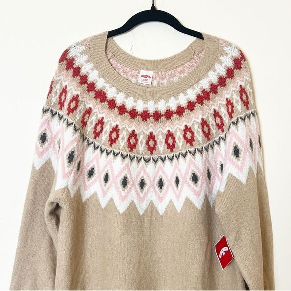 Holiday Time Ugly Pretty Fair Isle Christmas Winter Sweater, XL Tan/Pink NWT - Picture 2 of 10